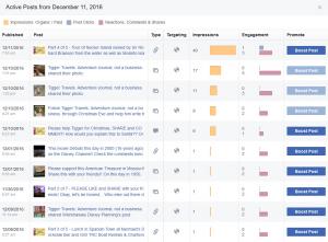 Click to enlarge image This list is the posts that were viewed on Tigger Travels on December 11. Notice that the posts viewed are from December 9, 10 and 11 with part 4 of 5 listed as a much higher number of impressions. This directly illustrates the importance of quality information. Notice that this post is also the ONLY post that received a POST CLICK (light blue) to the Tigger Travels web site. Remember, the web site is one of the only two places Tigger Travels makes money through Google ads so this is very important! If you click on one of your posts listed here you will see more about a POST REACH. This can be seen in the next image. - Information on FACEBOOK Business Page Stats, Reach and more. - 